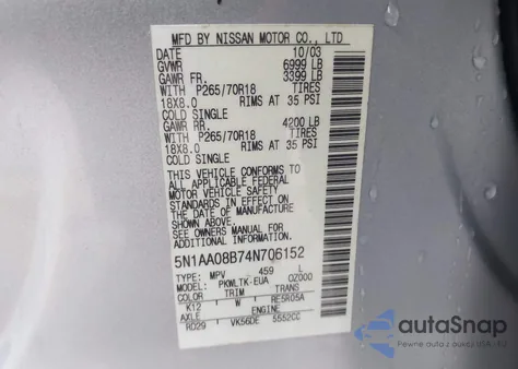 2004 Nissan Armada Se/Le из США, поврежденный, VIN 5N1AA08B74N706152